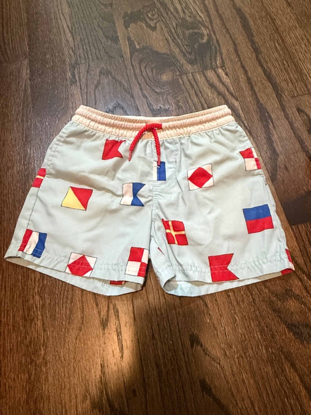Kids Nautical Flag Swim Trunks in Light Blue and Red